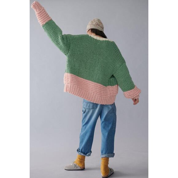 Saachi Anthropologie Hand Knit Chunky Cardigan Colorblock Sweater Green Pink O/S - Picture 3 of 7